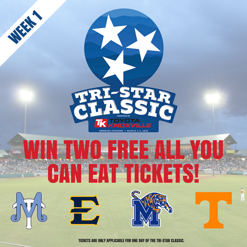 ToyotaKnoxville's tweet photo. The Tri-Star Classic presented by @ToyotaKnoxville is only a month away, and we want YOU to be there! Each week leading up to the event, we will be giving away two all you can eat tickets applicable for one day of the tournament! Retweet and follow @ToyotaKnoxville to enter! https://t.co/uZsS7NAwjD