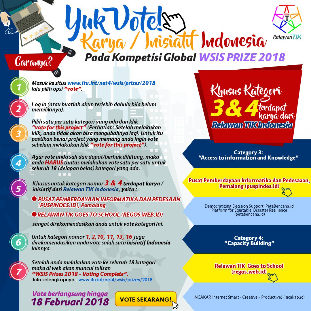 dalam <a href="/WSISprocess/">World Summit on the Information Society (WSIS)</a> 2018, Indonesia masuk dg 17 Nominator dalam 18 kategory yg di kompetisikan, dua diantaranyaa adalah <a href="/RelawanTIK/">Relawan TIK Indonesia (RTIK)</a> pd Kategori 3 &amp; 4 #RelawanTIK4WSIS #VoteRelawanTIK