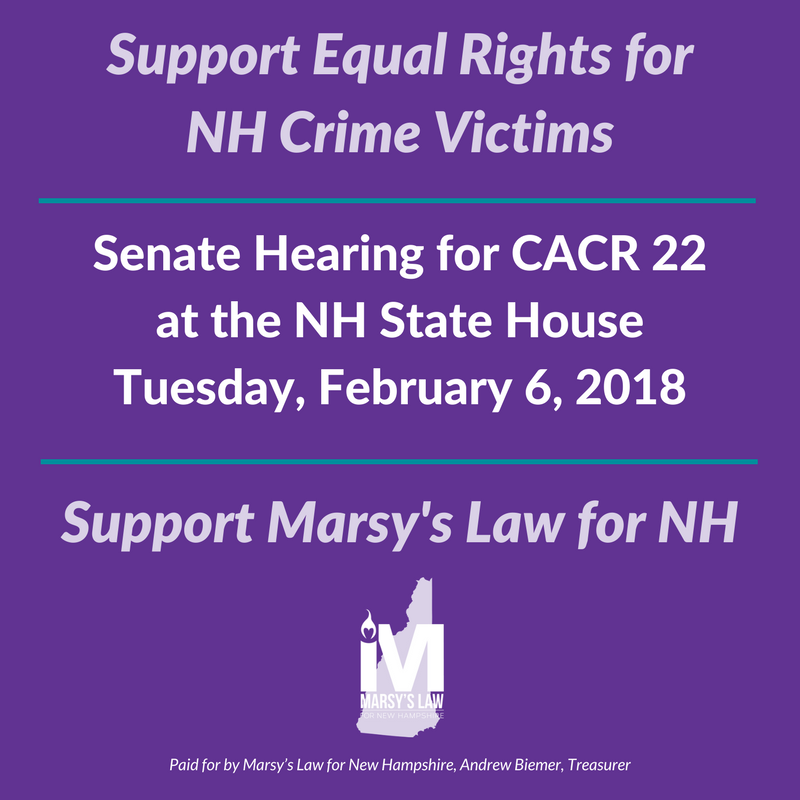 MarsysLawforNH's tweet photo. Support equal rights for crime victims. Support Marsy's Law for #NH at the public hearing on 2/6. RSVP here: https://t.co/GGVg03I3Zb #nhpolitics #ML4NH https://t.co/KLYzXlf54v