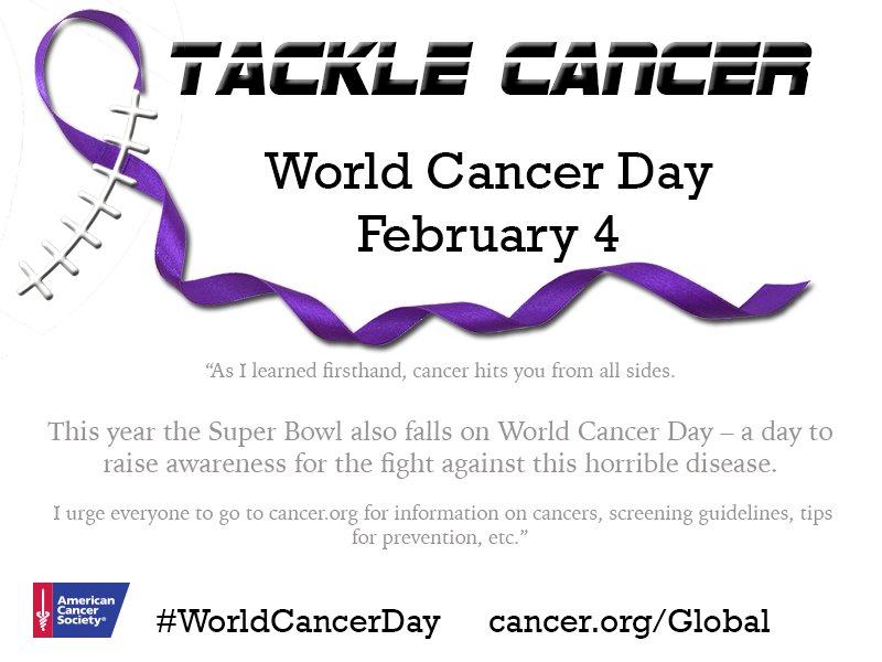 Hey football fans! This #SuperBowl is also #WorldCancerDay and we want to see your team spirit! Tweet us pictures using the hashtag #TackleCancer