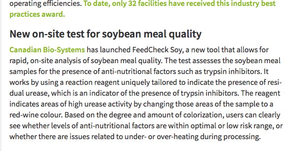 sermofarm's tweet photo. Via @AllAboutFeed Wrapping up the latest global feed updates: Canadian Bio-Systems has launched FeedCheck Soy, a new tool that allows for rapid, on-site analysis of soybean meal quality.http://ow #soybean #IPPE #IPPE2018 #animalfeed #globalag @canadianbio https://t.co/ujHHO3zbJO