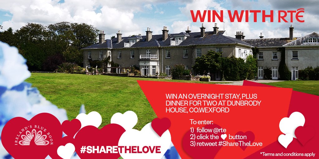 rte's tweet photo. Win a romantic break for two at Dunbrody House, Co Wexford thanks to @IrelandBlueBook - To enter follow @rte &amp; Heart this tweet plus retweet with #ShareTheLove https://t.co/RxaTu7a3qM