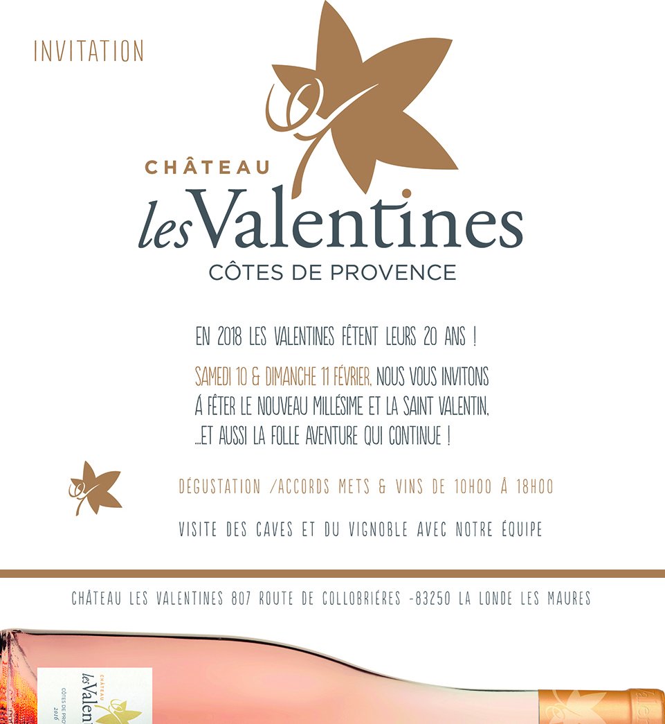 Les_Valentines's tweet photo. INVITATION ! Venez fêter les 20 ANS des VALENTINES Samedi 10 et Dimanche 11 Février 2018 au Domaine ! Au programme : dégustations, visite des caves et du vignoble avec l'équipe, et une belle surprise - Confirmer votre présence : T (33) 04 94 15 95 50. https://t.co/JYyj7aGsks https://t.co/7ytewbGppC