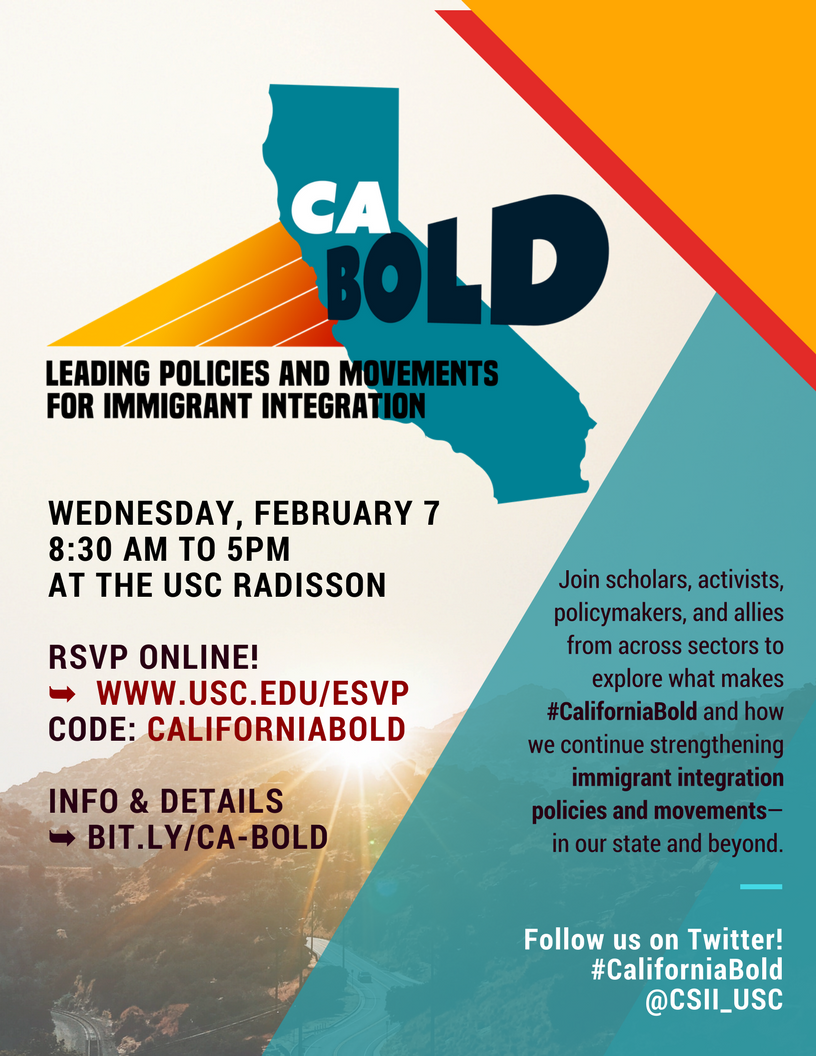 USCPELA's tweet photo. Let’s build &amp; sustain movements to secure the safety &amp; rights of immigrant communities. Join us THIS WEDNESDAY Feb 7th to push for even bolder progressive policies—in the state &amp; nationally. Join us at @CSII_USC #CaliforniaBold!. REGISTER > https://t.co/ELnkS0iy1w https://t.co/kuxwxBRJlk