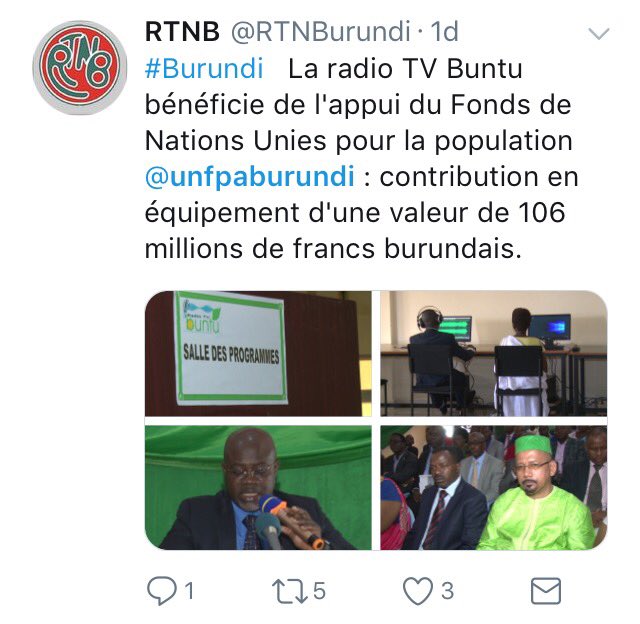 ALERT #Burundi—A UN agency in Burundi <a href="/unfpaburundi/">UNFPA in Burundi</a> financed a community radio owned by Mrs. <a href="/pnkurunziza/">Pierre Nkurunziza</a> foundation. 
• <a href="/UN_Spokesperson/">UN Spokesperson</a>: If UN funds are used to finance pet projects of senior officials, don't you see a problem there? #ConflictOfInterest?