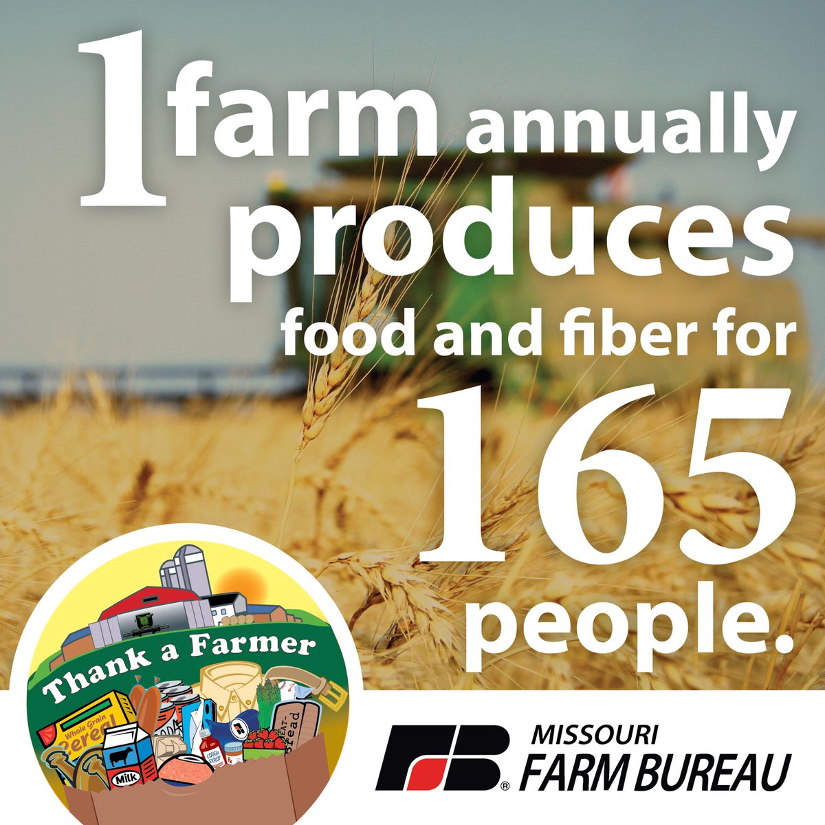 MOFarmBureau's tweet photo. One farm annually produces food and fiber for 165 people! #thankafarmer https://t.co/XmdoWWvLF5