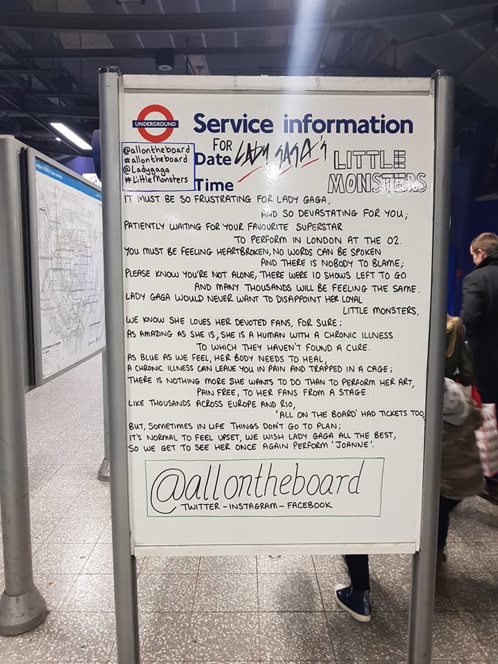 Scottmurphy1994's tweet photo. Gaga has to see this!!! RT #allontheboard #london #GetWellSoonGaga don’t worry sweetie we will wait you just get your self better! Rest up baby we will be right here for you 💗💗💗 https://t.co/tbPzMQCgmE