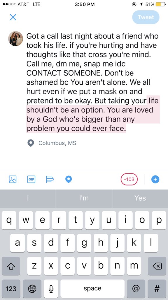 B_lancaster4's tweet photo. To anyone who's hurting please read this. Miller, ill miss your sweet smile and hugs every time you saw me. Praying for everyone who is hurting. You truly never know what someone is going through. Rest In Peace sweet angel 💔 https://t.co/ofbwDwpVaD