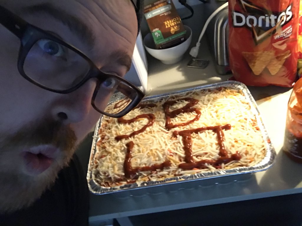 chorkins's tweet photo. An annual tradition. The #SuperDip. A cheesey monstrosity full of chilli, salsa, sriracha and love. #SBLII #NotDone https://t.co/3JsfejcyJH