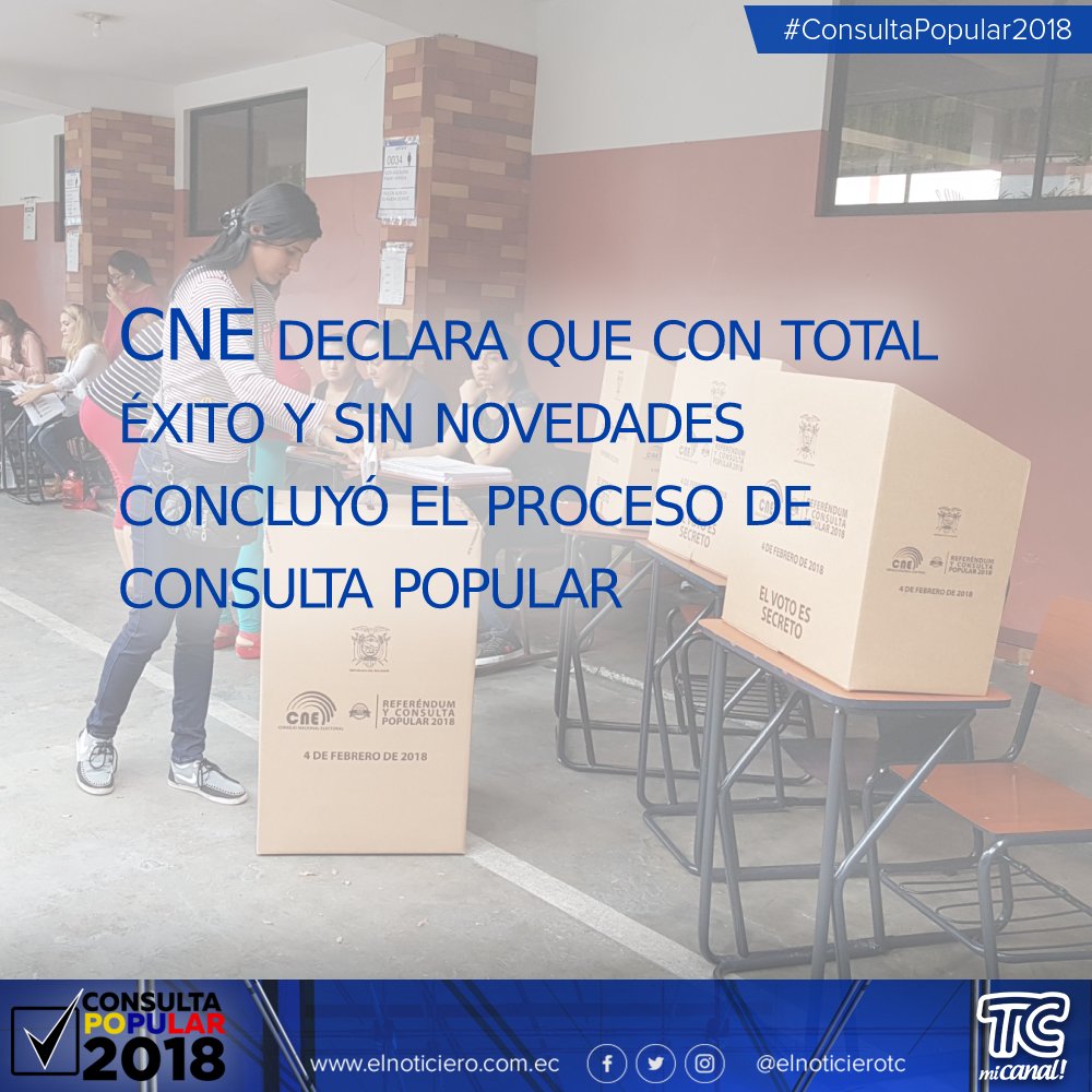 Diez horas de votación llegaron a su fin a las 17:00 de este domingo 4 de febrero, día de consulta popular y referédum a siete preguntas planteadas por el presidente Lenín Moreno. Más de 13 millones estuvieron convocados a las urnas.

Más detalles en elnoticiero.com.ec