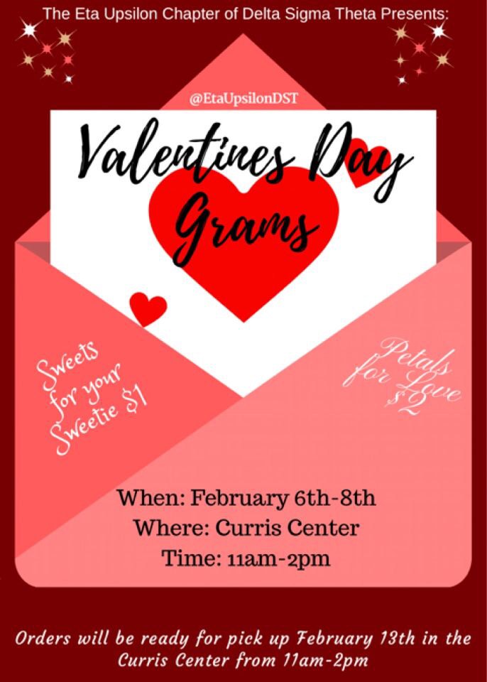 EtaUpsilonDST's tweet photo. Get ready for Valentines Day &amp; stop by our table in the Curris Center this week to purchase “Sweets for your Sweetie”($1) or “Petals for Love”($2)! We will be there Feb. 6-8 from 11am-2pm ❤️ https://t.co/k14jtXOYjv