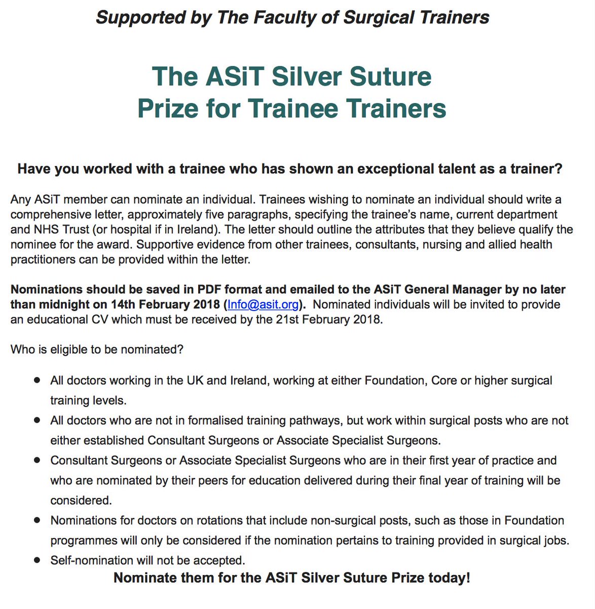 ASiTofficial's tweet photo. BRAND NEW ASiT Silver Suture Prize for Trainee Trainers out now! Know a fantastic trainee who is dedicated to training others? Nominate them today!
Further info: https://t.co/YshzXOL48j
Email info@asit.org by the Deadline Feb 14th! #nurturingexcellence https://t.co/SFtOouPt5S