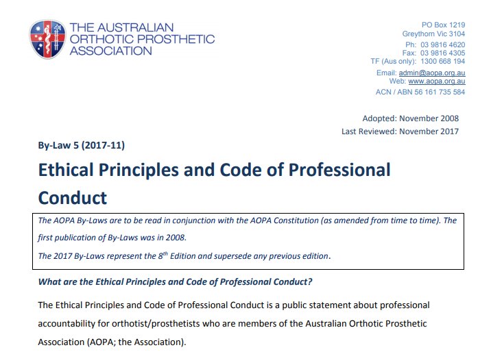 AOPA_News's tweet image. Revised AOPA By-Law launched: Ethical Principles and Code of Professional Conduct - a public statement of professional accountability for Certified Orthotist/Prosthetists &amp;amp; standards to guide AOPA&apos;s complaints process  aopa.org.au/documents/item…
#alliedhealth #regulation #ethics