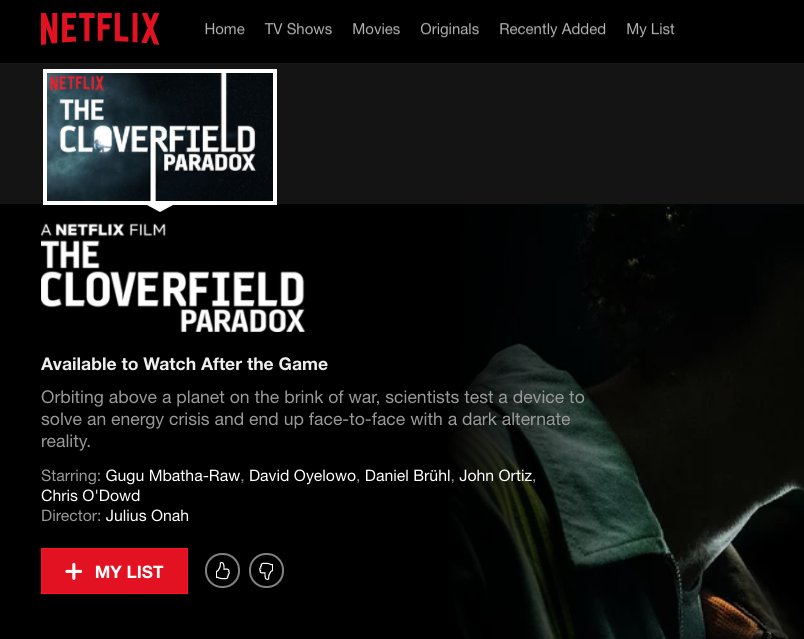 DinosaurDracula's tweet photo. OMFG #CLOVERFIELDPARADOX PREMIERES ON NETFLIX TONIGHT!!!!!!!! https://t.co/Dmfp4a0b4g