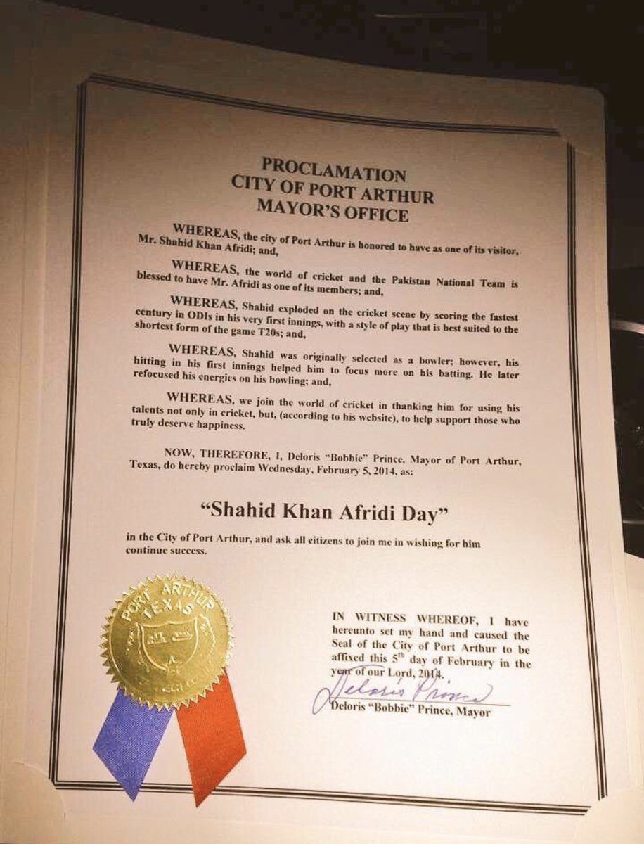SAfridiOfficial's tweet photo. Honoured to have #ShahidAfridiDay named after me by the City of Port Arthur Mayor’s Office, for my cricketing achievements. Proud to be representing Pakistan at home and abroad, Alhamdulillah https://t.co/LVEh4JRTHm