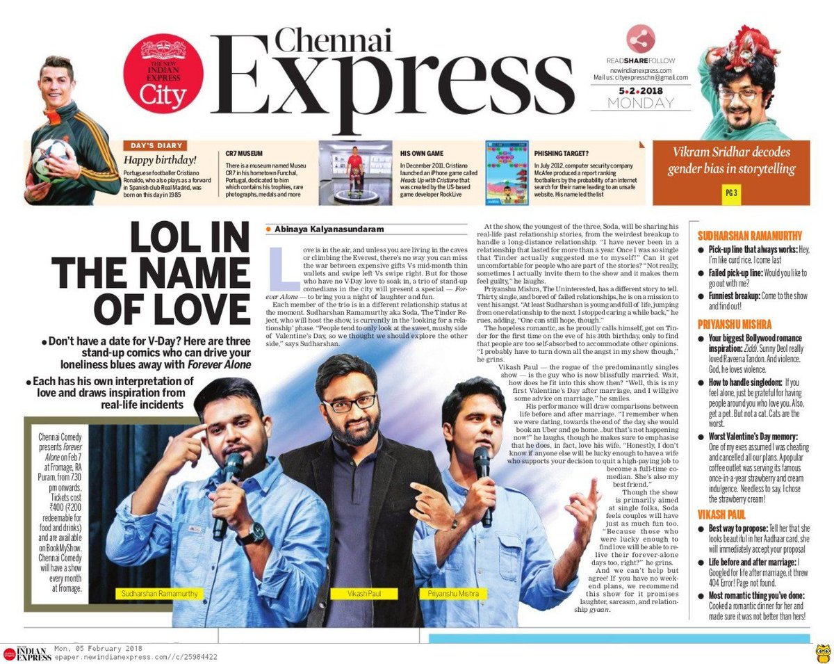 vikashpaulcomic's tweet photo. @NewIndianXpress speaks about our upcoming show #ForeverAlone happenin this Wed (Feb 7th) at #Fromage, RA Puram. An advance V-Day gift from us where we make you feel that your love story is better than ours! 😍 @ChennaiComedy, @CodenameSoda

Book tickets: https://t.co/EmvxSi4f8h https://t.co/15gcH5THVE
