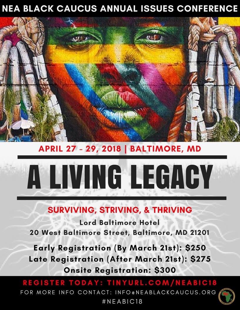 BlackCaucusNEA's tweet photo. "A Living Legacy"
- Surviving, Thriving, and Striving

As educators, activist, and advocates of our communities, we are the change we've been waiting for!

We are our #ancestors wildest dreams.

Register today: https://t.co/zen8T6CgnJ 
#neabic18 #EdJustice #LivingLegacy https://t.co/HJpkOqSX2J