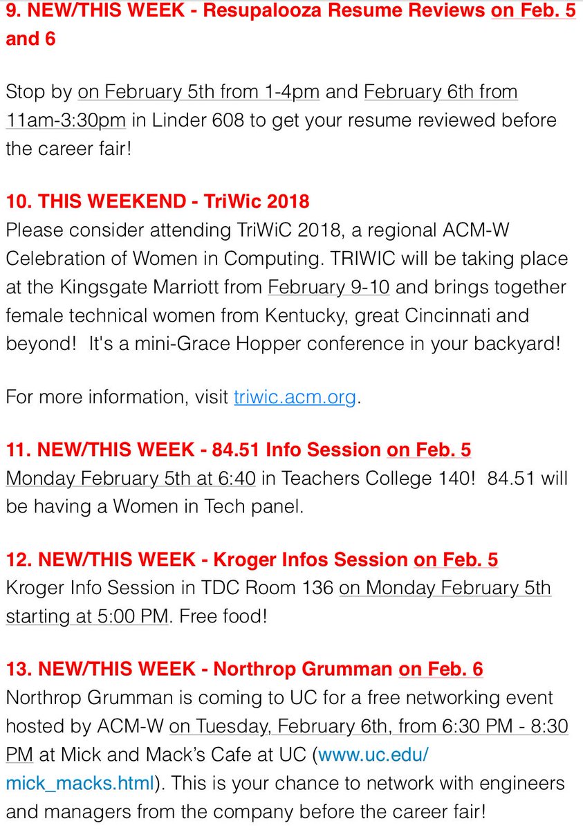 Check out all these amazing events! Not pictured is WiT info session with <a href="/Vantiv/">Vantiv</a> this Tuesday from 6-7pm in TDC 407 (Annie Laws). Join WiT on OrgSync to get a weekly newsletter with more networking, scholarship, and volunteering opportunities! <a href="/UC_CEAS/">U of Cincinnati Engineering and Applied Science</a> <a href="/UCCareerEd/">UC Career Education</a>