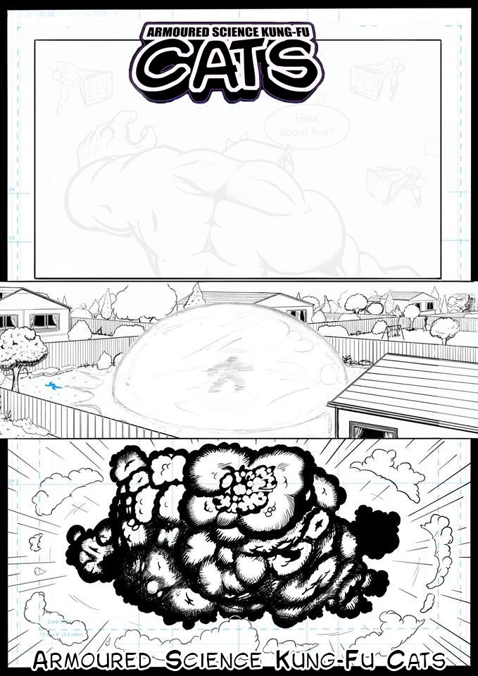 RobotEvolution's tweet image. Working progress - comic page - perspectives & effects - Armoured Science Kung-Fu Cats