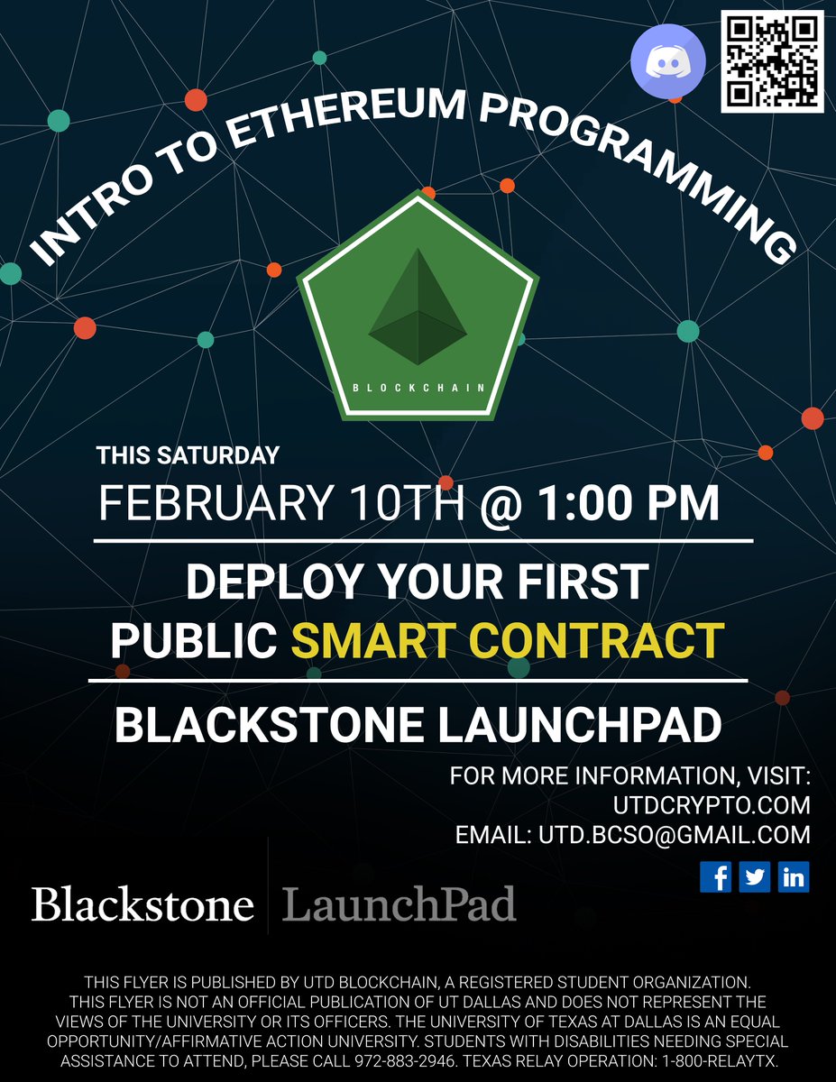 DFW_Blockchain's tweet photo. We will go through how to write #Blockchain apps again for those who weren't able to make it the first time, and at the end, we hope to have you guys deploy your very own first Smart Contract! 
Event @February 10th @ 1 PM at Blackstone Launchpad!
#Blockchain #UTD #cryptocurrency https://t.co/JXovJIMKXE