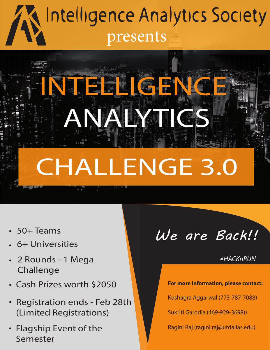 utd_ias's tweet photo. IAS is back with Intelligence Analytics Challenge 3.0 – Flagship event of IAS. Prize money worth $2050. Registration starts from Feb 5, 2018. For more info see bio. #HACKnRUN #IAC 3.0  #UTDIAS
Visit our facebook page for more information: https://t.co/afZlCM9cXh https://t.co/hBeDEPYKmP