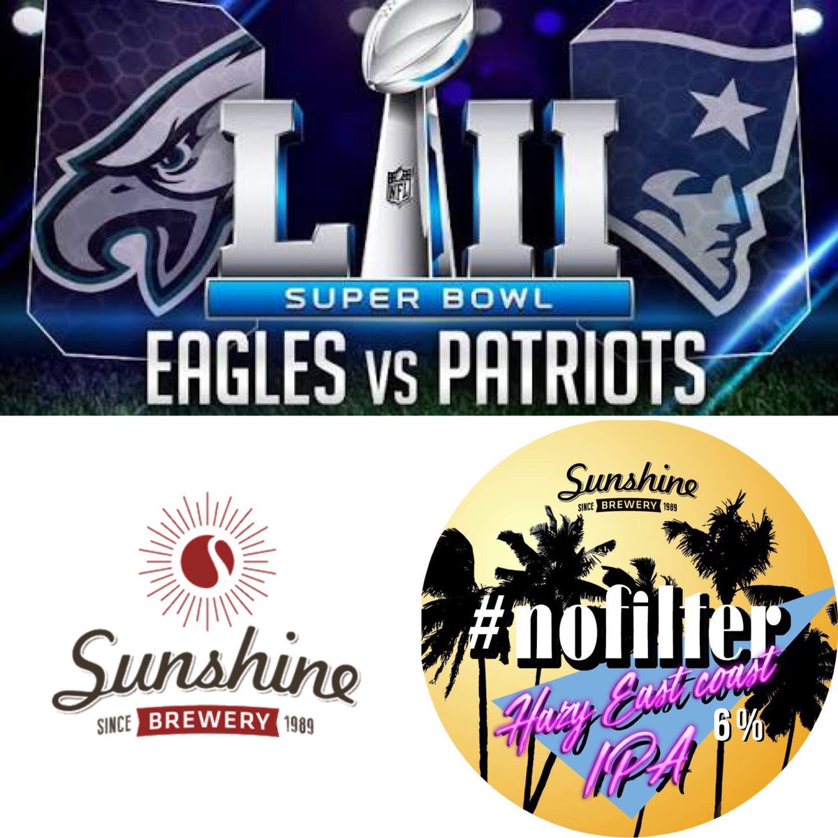 It’s halftime at today’s NFL Super Bowl LII and if you love the sportsball we hope you’re enjoying it with a pint of our unfiltered New England IPA #nofilter!

A flavoursome and aromatic showcase of Citra, Mosaic &amp; Nelson Sauvin Hops!🍻

#Sunshinebrewery #nzcraftbeer #since1989
