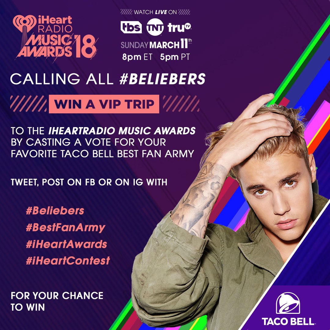 iHeartRadio's tweet photo. Don't forget a lucky fan from the #Beliebers will win a trip to the #iHeartAwards. Make sure you use all appropriate hashtags. #BestFanArmy #iHeartContest https://t.co/HQVOssMOxl