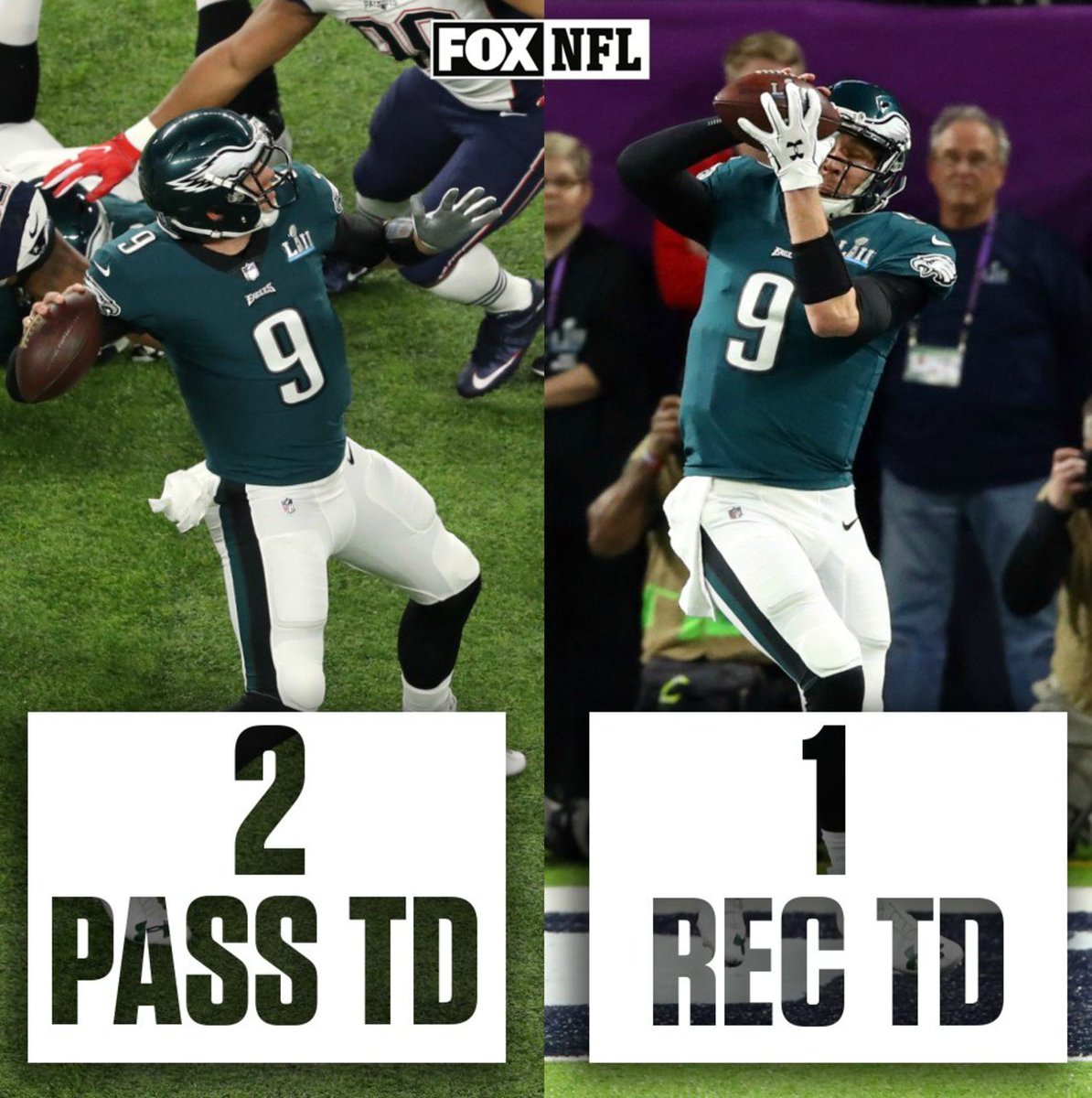 FOXSports's tweet photo. Get you a QB who can do both. 👏

Nick Foles becomes the first QB in history to throw for a TD and catch a TD in the #SuperBowl. https://t.co/HM9dglxoZi