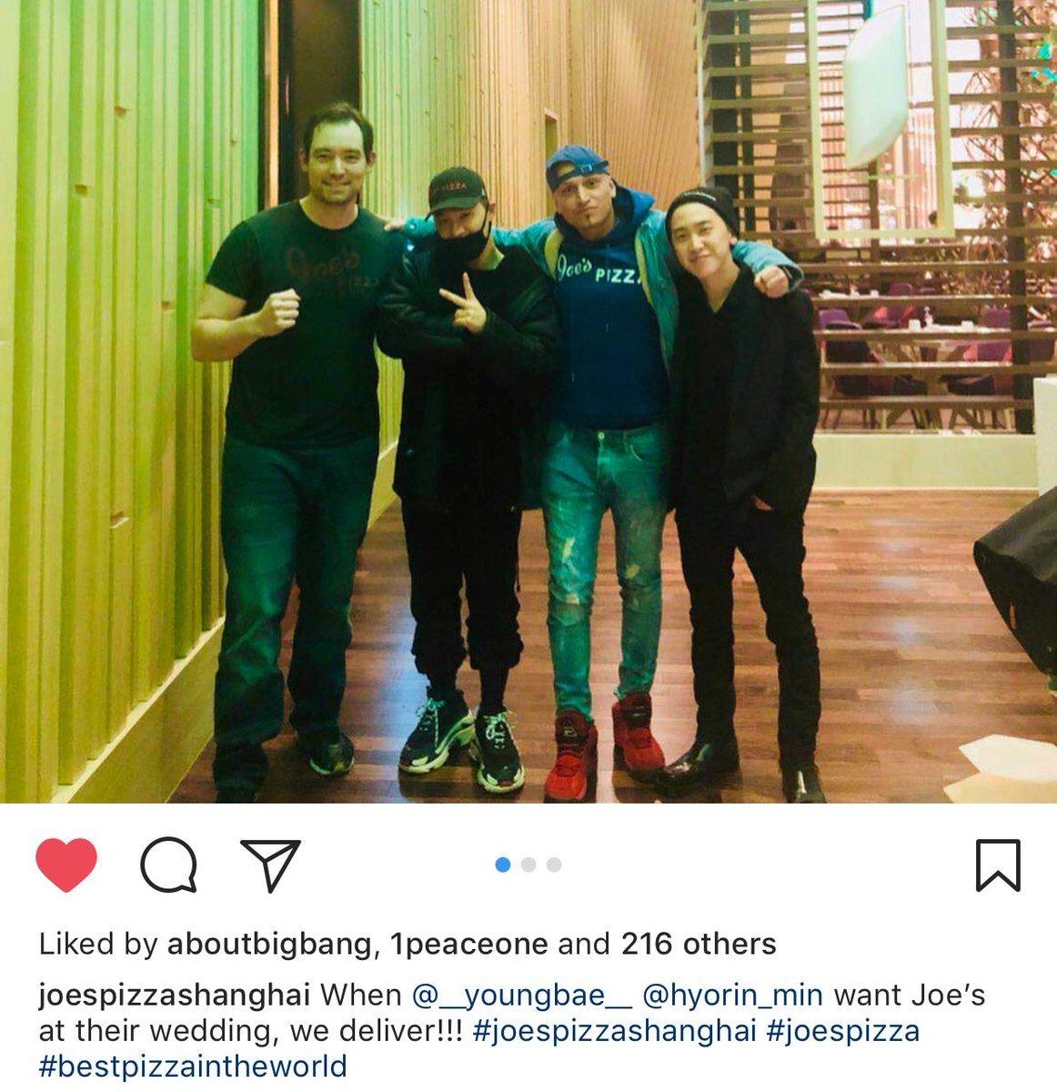 joespizzashanghai IG update“When __youngbae__ hyorin_min want Joe’s at their wedding, we deliver!!!  #joespizzashanghai  #joespizza  #bestpizzaintheworld” OMG HAHAH YB..... 