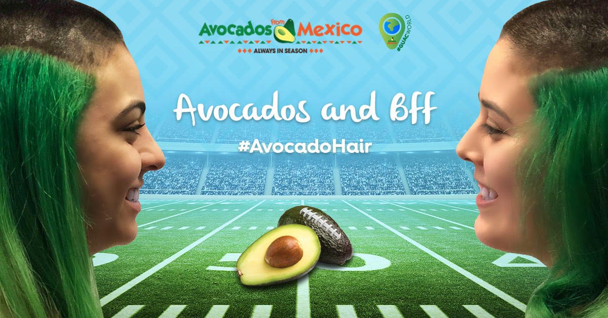 Sobrules's tweet image. Oh. My. Gosh. How is this even real??? You will not believe who shaved their ENTIRE head for a year's worth of Avocados! #AvocadoHair #GuacWorld #Avocados #Sweepstakes #SB52 - sot.ag/7gLSW