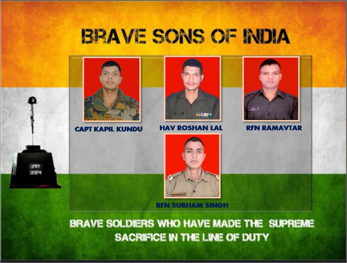 adgpi's tweet photo. General Bipin Rawat #COAS and All Ranks #IndianArmy salute supreme sacrifice of Capt Kapil Kundu,Hav Roshan Lal, Rfn Subham Singh and Rfn RamAvtar and offer condolences to the family members of the Bravehearts. https://t.co/BbrfSxPevV