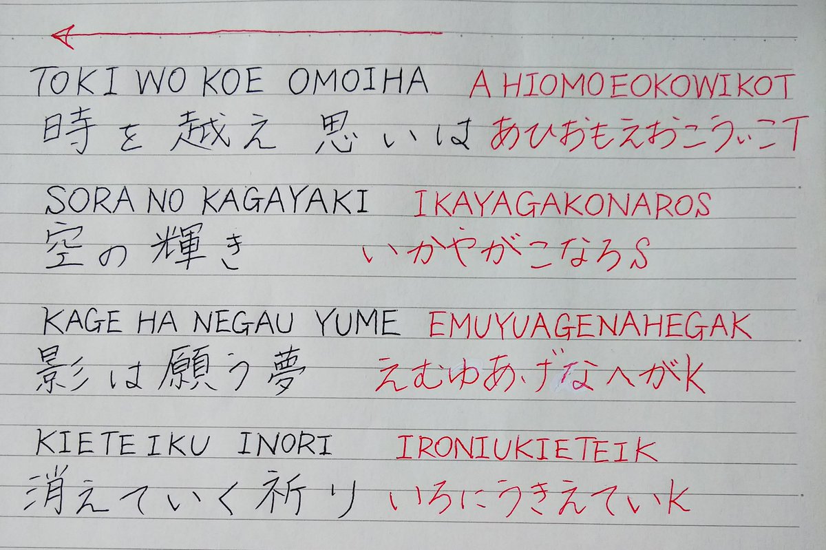 さくぱん Na Twitteru Shockのアンサンブルの歌詞 単純に平仮名を逆さから読んでいるんじゃなくて 光ちゃんが 平仮名をローマ字 に分解して音に載せる ってよく言ってたように歌詞を全部一旦ローマ字変えて それを逆さから読んだのを音に当ててるんだね アナグラム さくぱん Na Twitteru Shockのアンサンブルの歌詞 単純に平仮名を逆さから読んでいるんじゃなくて 光ちゃんが 平仮名をローマ字 に分解して音に載せる ってよく言ってたように歌詞を全部一旦ローマ字変えて それを逆さから読んだのを音に当ててるんだね アナグラム