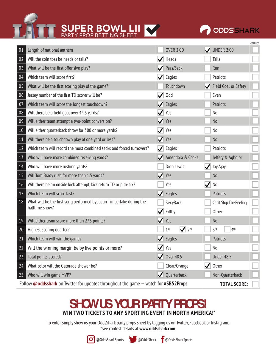 Odds Shark The Final Answers To Our Sb52props Sheet Thanks For Playing Along With Us T Co Welfnhuek6