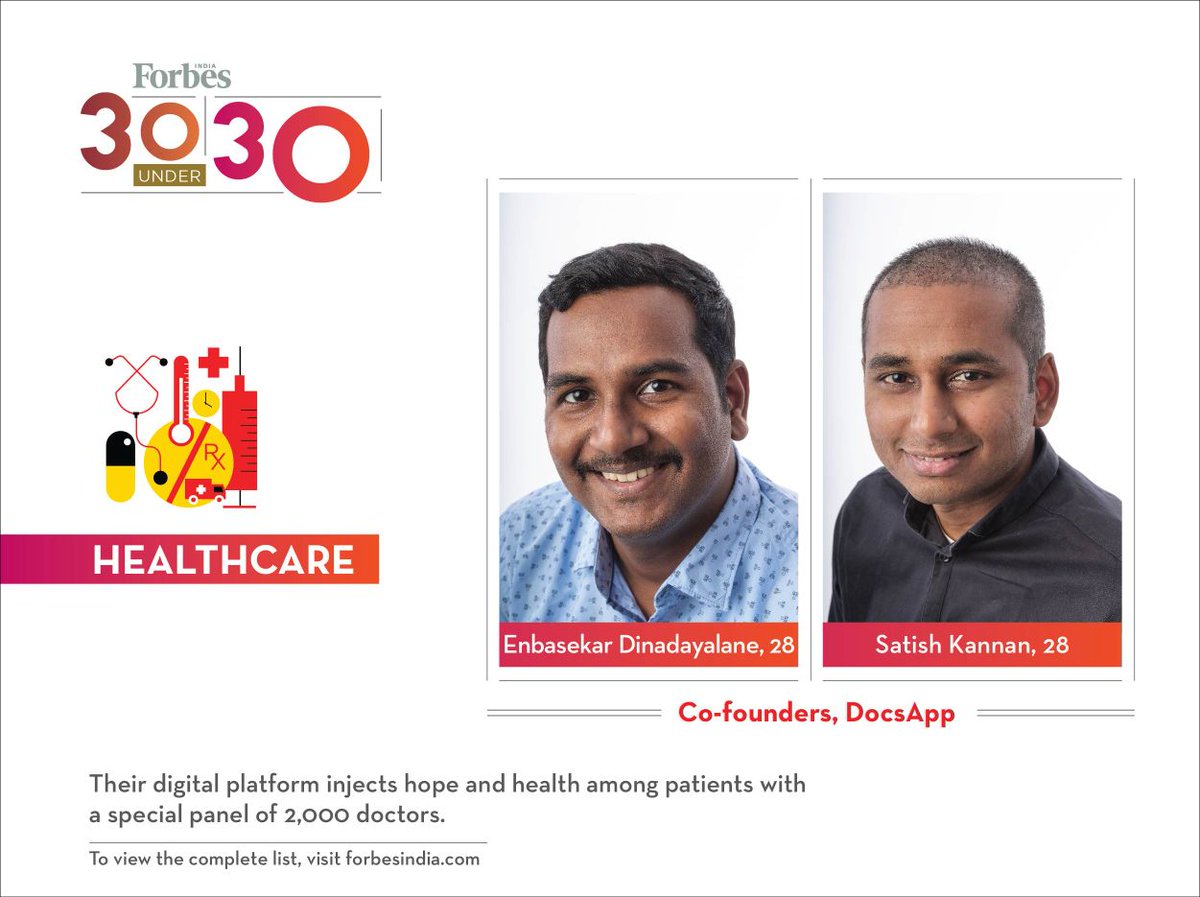#ForbesIndia30U30 - Satish Kannan &amp; Enbasekar Dinadayalane, co-founders, <a href="/DocsApp_in/">DocsApp is now MediBuddy</a> Many Congratulations! @forbes_india