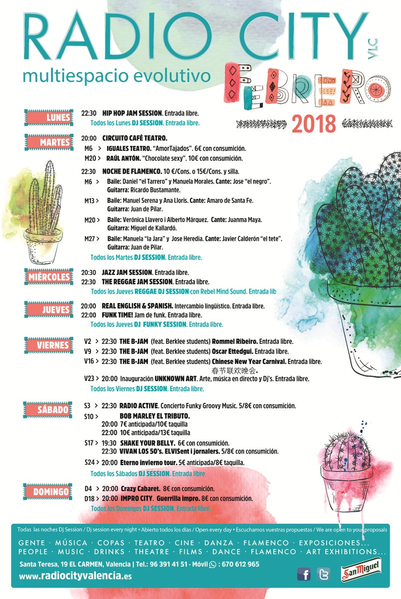 RadioCityValenc's tweet photo. #Febrero llega cargado de un montón de #eventos El trabajo es una obligación, pero la diversión también #ConciertosValencia #CafeTeatro #Flamenco #JamValencia #ReggaeValencia #DjSession # https://t.co/yZLoTQIkss