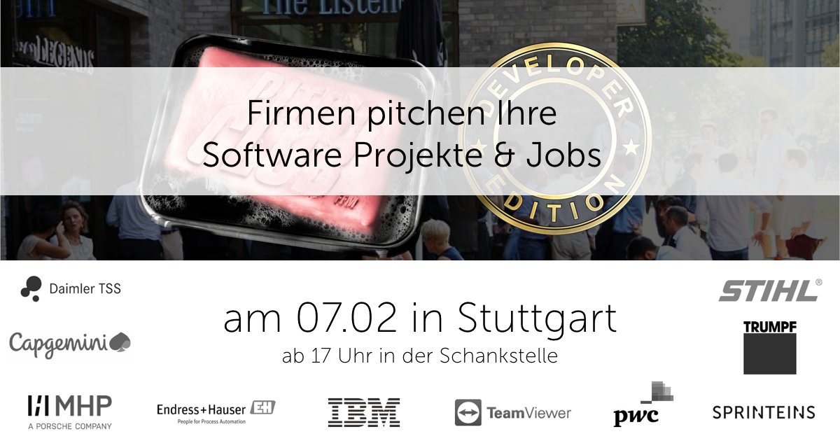 PitchClubFFM's tweet photo. Apply now as a #dev for #PCDE7 on 7/2/18 at #Schankstelle in #Stuttgart w/ @Capgemini, @daimlertss, @MHP, @stihl_de, @TRUMPF_News , @Endress_Hauser, @IBM, @PwC, @sprinteins &amp; @TeamViewer. See following article for further information: https://t.co/H7OtKpNP7d https://t.co/NL08p3ADdG