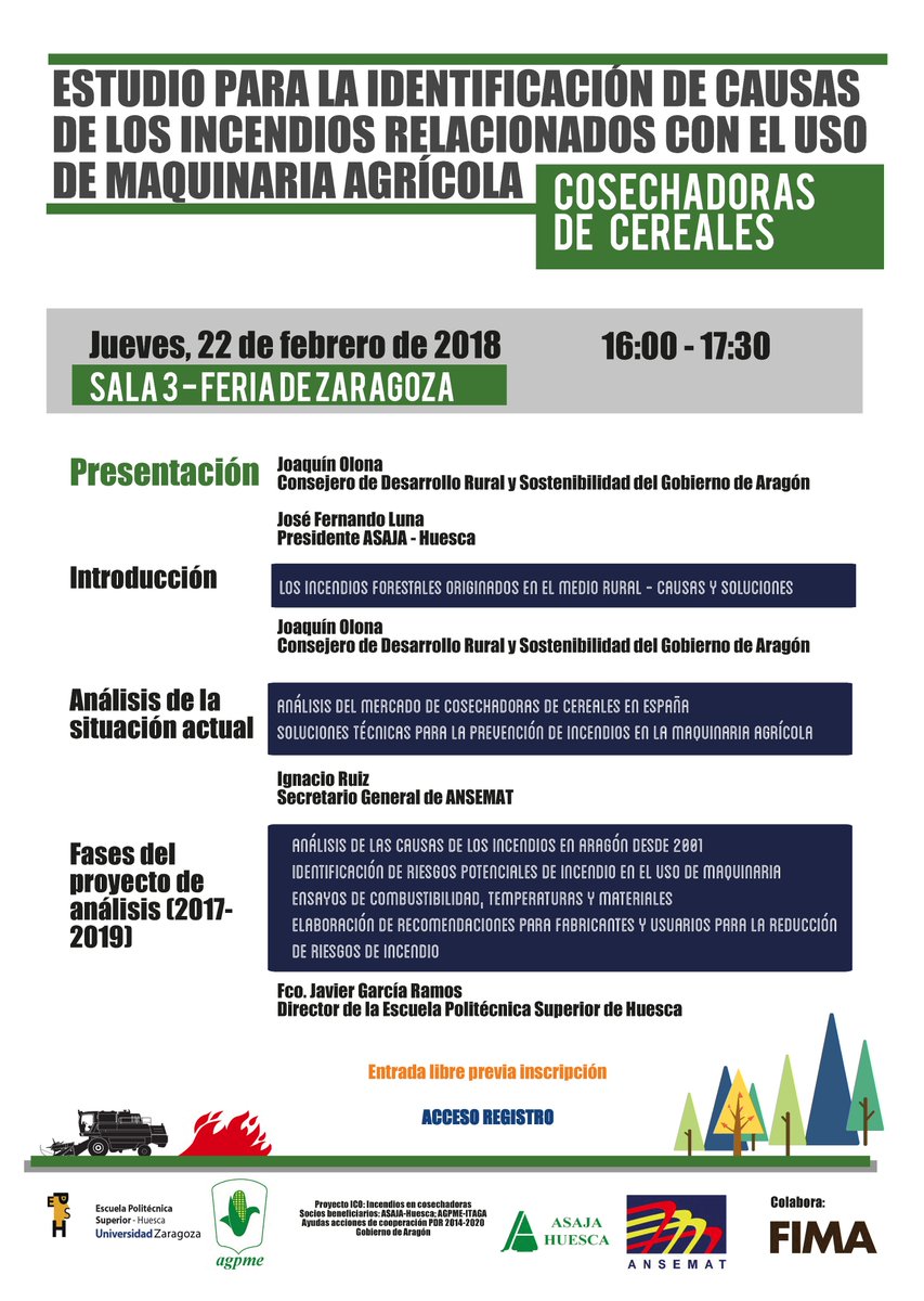 ANSEMAT's tweet photo. ANSEMAT y la E.P.S. de Huesca organizan en el marco de @fima_agricola, una jornada para explicar las líneas de trabajo del proyecto ICO sobre incendios en cosechadoras de cereales financiado por el Gobierno de Aragón. Registro gratuito en https://t.co/OEUVyzsmfW https://t.co/UcXZSp0b9k