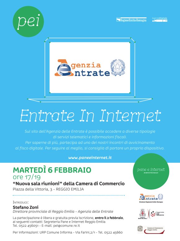 Entrate in Internet. Domani a Reggio Emilia, su iniziativa del Punto <a href="/pane_e_internet/">Pane e Internet</a> di @ComuneRE e della direzione provinciale di <a href="/Agenzia_Entrate/">Agenzia Entrate</a>, un incontro rivolto ai cittadini sui nuovi servizi del fisco digitale paneeinternet.it/public/dettagl…