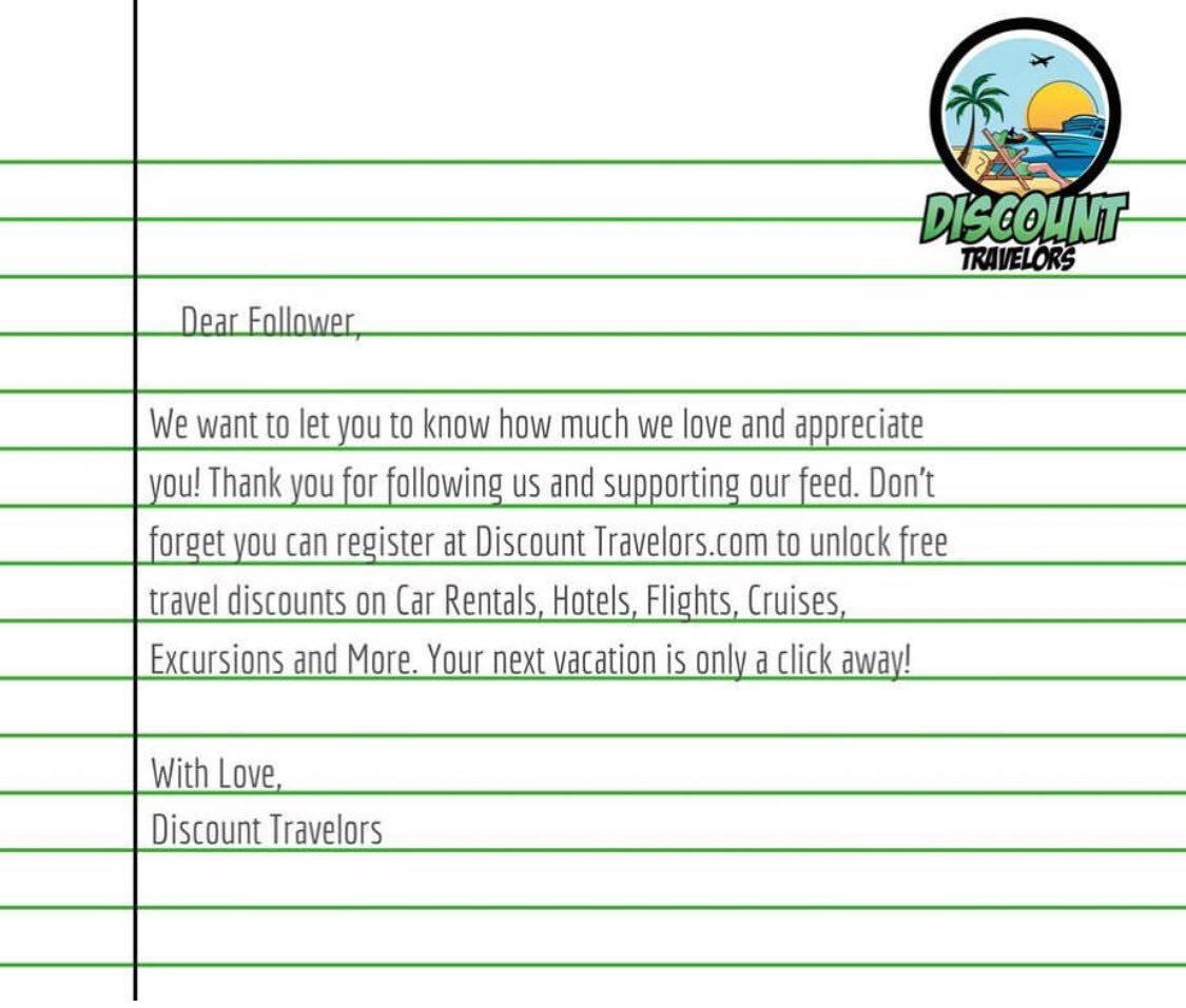 DTravelors's tweet photo. Discount Travelors appreciates you! Thank you for the support 😍! #DiscountTravelors
#TravelGramer #InstaTravel #TravelAgentLife #WhoLovesTravel #TravelBlogger #TravellersNotebook #TravelFlow #WorldTravelor #TravelQuotes #FollowMe #SuperPost #LovelyFeed #TravelDeals #Travel4Less https://t.co/fKmulMaPxP