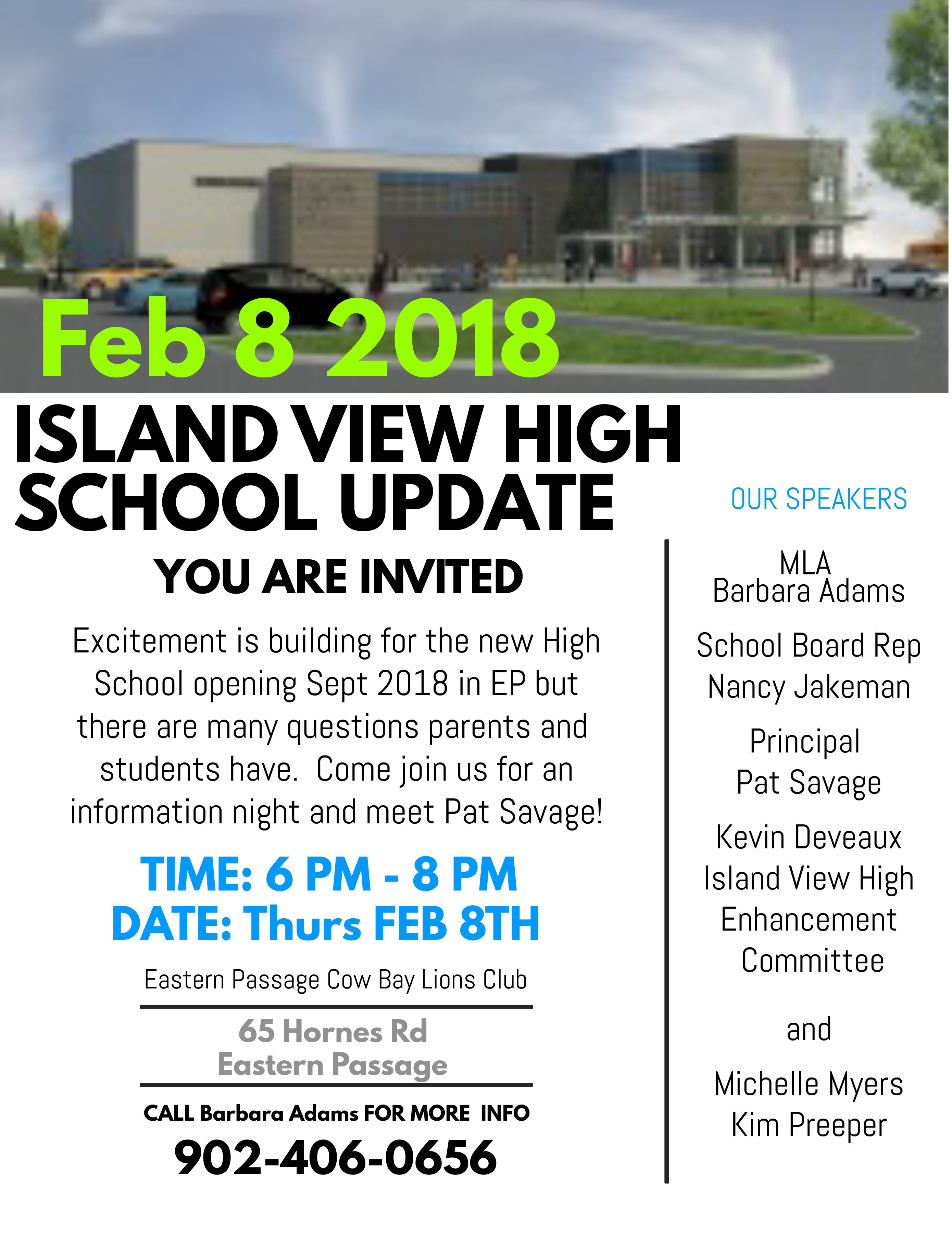 Minister Adams Eastern Passage) on Twitter: "Please share. Got questions about the new Island View High School? We'll have info and answers. meet new principal Pat Savage too on