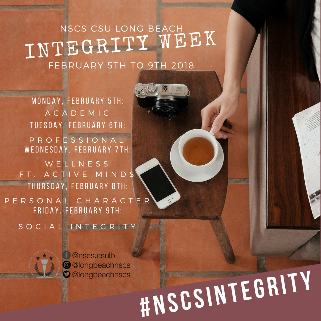 longbeachnscs's tweet photo. It is Integrity Week! That means it's time for our Social Media Scavenger Hunt! This is where members will be challenged to take a pic on campus/perform tasks & post it on social media #IntegrityWeek.
#NSCS #NSCScsulb #NSCSnation #CSULB #Scholar #TalkNerdy2Me https://t.co/D0wKmX6kc6