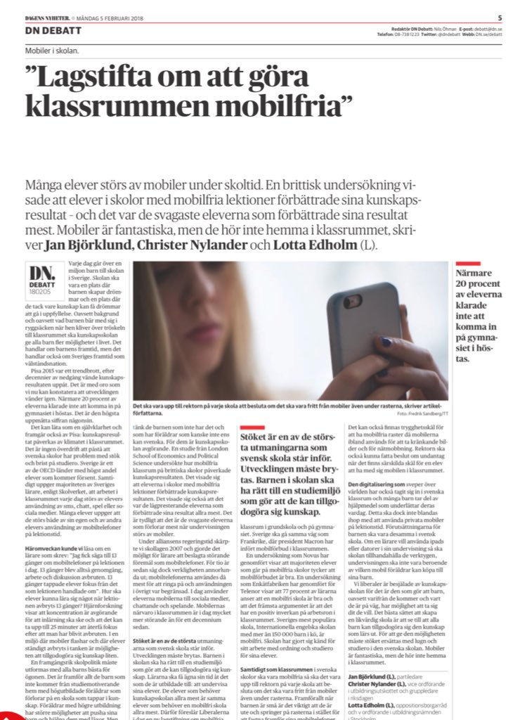 Äntligen ett skarpt förslag för ökad studiero i skolan. Läs <a href="/DNDebatt/">DN Debatt</a> av <a href="/bjorklundjan/">Jan Björklund</a> <a href="/CNylander/">Cassey Nylander</a> och @LottaEdholm för #mobilfritt klassrum #liberalerna #blepol #skolpol