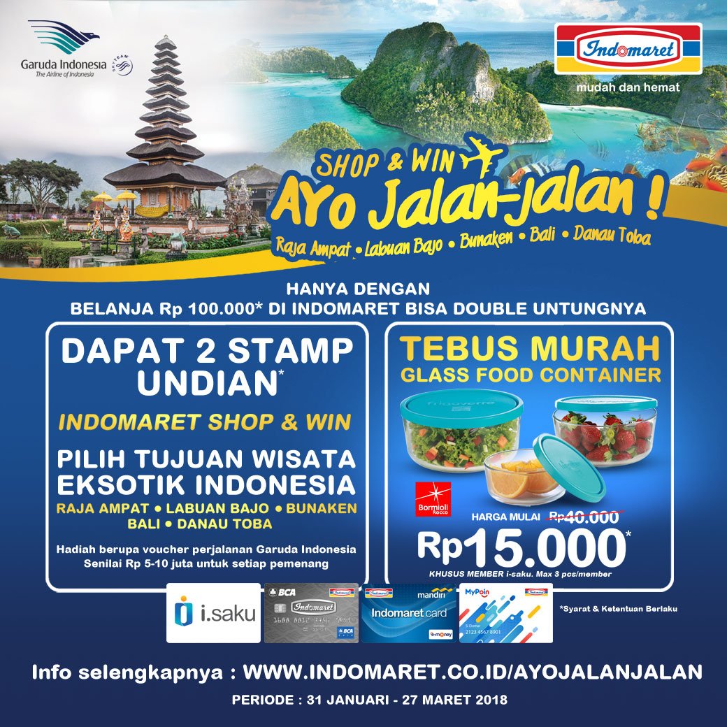 Pilih lokasi liburan favoritmu dan menangkan hadiahnya dengan belanja di Indomaret.  Info lengkap program undian klik indomaret.co.id/ayojalanjalan