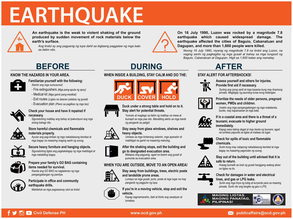 Alamin ang mga paghahanda bago habang at pagkatapos ng isang malakas na pagyanig dahil #BidaAngHanda. Sabay-sabay tayong mag-Duck, Cover & Hold para sa 1st Quarter Nationwide Simultaneous Earthquake Drill (NSED) sa Feb 15, 2018 ganap na alas-dos ng hapon. @RicJalad @KJPurisima