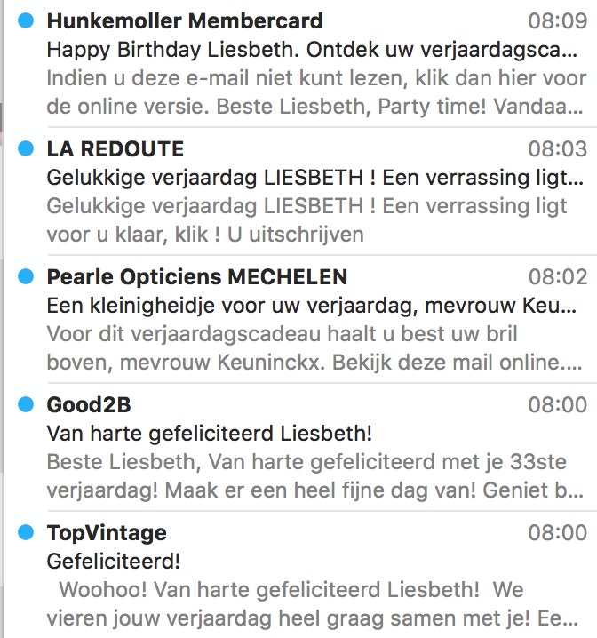 Zo een verjaardagsmail stuurt men blijkbaar best rond 8u.
Dan weet je dat.