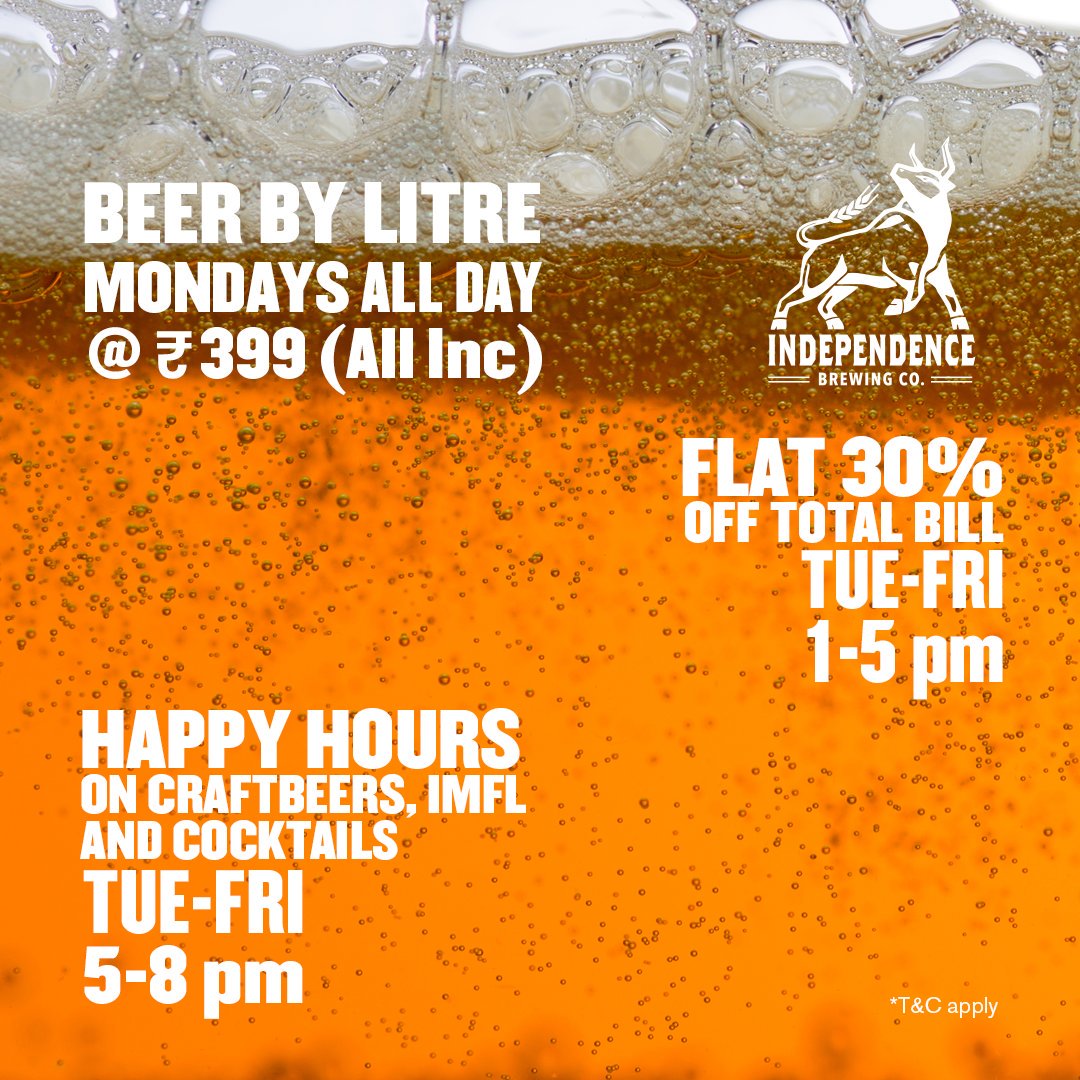IndeBrewCo's tweet photo. Enjoy our kickass #craftbeers with killer deals, at #Mumbai and #Pune:

1) Beer By Litre @ Rs 399 A.i, all day every #Monday
2) Flat 30% off - 1pm to 5pm, #Tuesday to #Friday
3) Happy Hours - 5pm to 8pm, #Tuesday to #Friday
4) Sunday Brunch - 12pm to 4pm, every #Sunday https://t.co/AwktzRA92Y