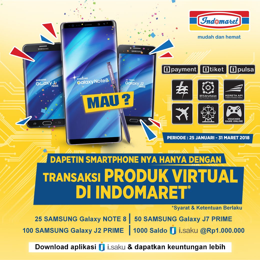 Mau Samsung Galaxy Note 8 dan ribuan hadiah lainnya? 
Ayo Ikuti Undian Transaksi Produk Virtual di Indomaret!
Perbanyak transaksi virtual di Indomaret, perbesar kesempatan menangnya. 
Info selengkapnya di indomaret.co.id/undiantransaks… #iPayment #iTiket #iPulsa #iSaku #Indomaret