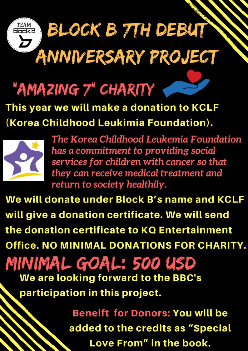 TeamBlockB's tweet image. 🎁| Teamblockb's 2018 BLOCK B 7th Debut Anniversary Support Project is now open!

"Amazing 7"

More details and want to join? check this form
✨ Amazing 7 Charity: bit.ly/Amazing7Charity
✨ To Block B book: bit.ly/ToBlockbBook

Please send lots of love and support BBC! 💕