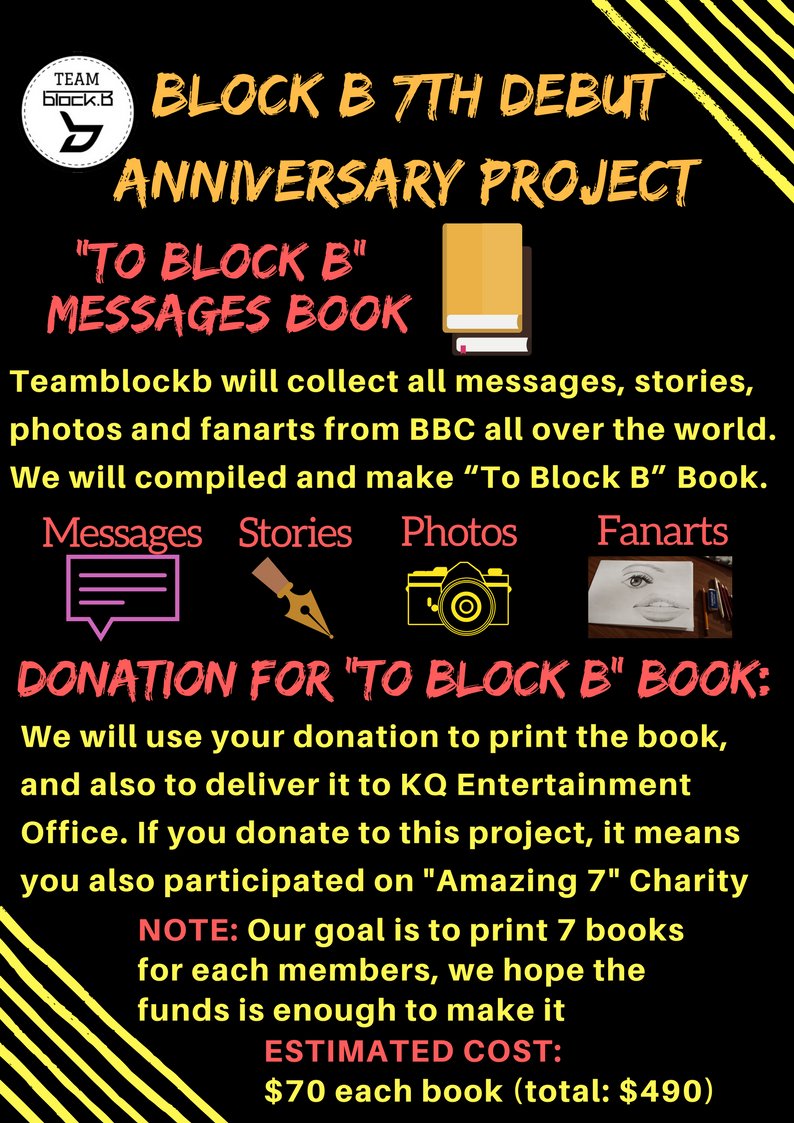 TeamBlockB's tweet image. 🎁| Teamblockb's 2018 BLOCK B 7th Debut Anniversary Support Project is now open!

"Amazing 7"

More details and want to join? check this form
✨ Amazing 7 Charity: bit.ly/Amazing7Charity
✨ To Block B book: bit.ly/ToBlockbBook

Please send lots of love and support BBC! 💕