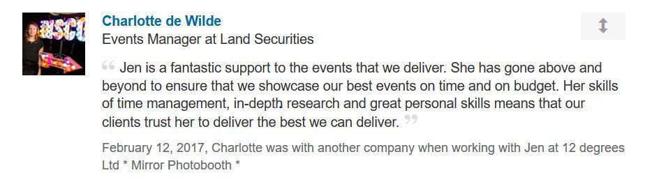 Really lovely to receive a Testimonial on Linked in from one of our clients.  #CorporateEvents